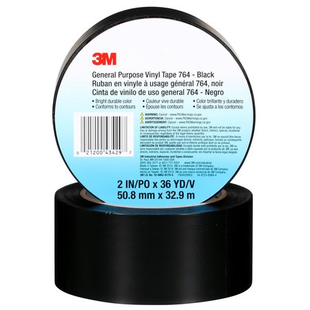 3M Vinyl Tape, 5.0 Mil, 2"x36 yds, Black, PK24 T967764B